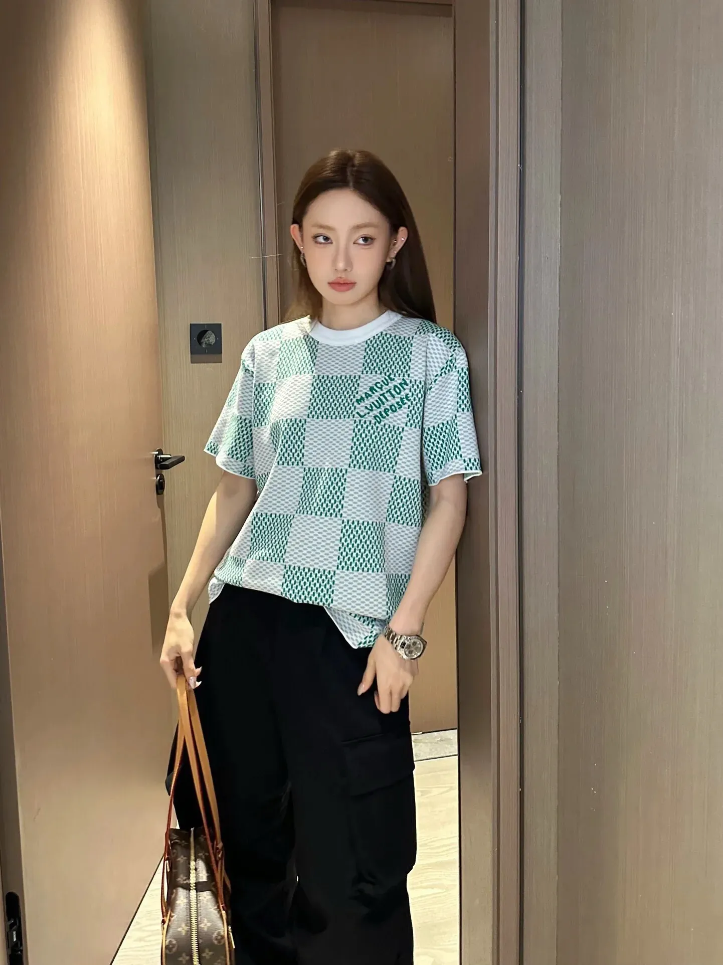 Louis Vuitton/Louis Vuitton checkerboard knitted jacquard short sleeves